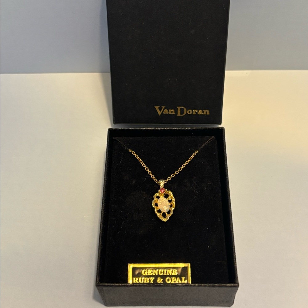 Van Doran Gold Tone Ruby & Opal Pendant Necklace 18”